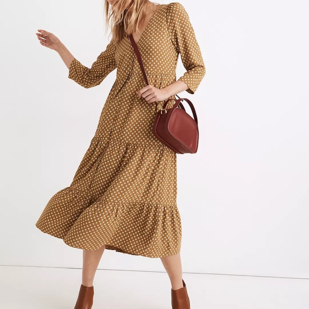 Madewell V-neck Tiered Button-front MIDI Dress in Daisies Forever